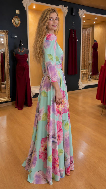 Side view of mint floral maxi dress