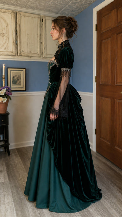 Victorian Gothic velvet ball gown in forest green, side profile view