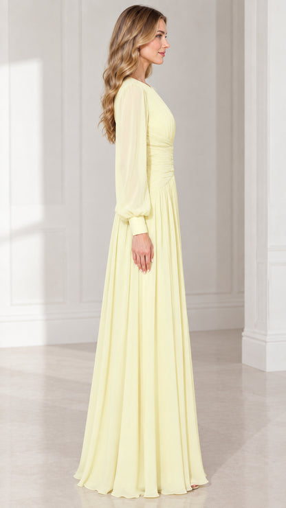 Side profile view of pale yellow formal floor-length chiffon dress