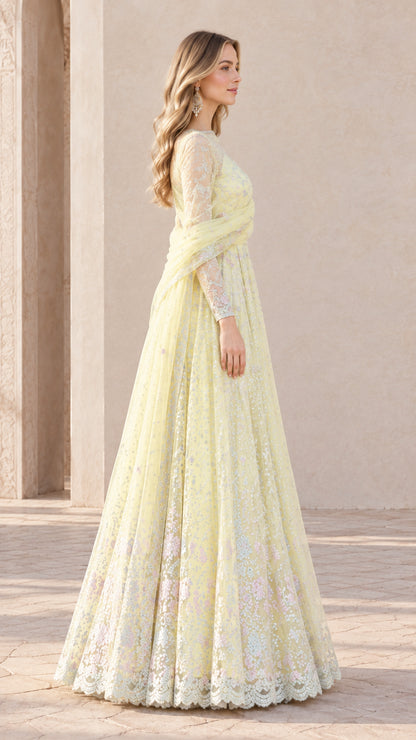 Side profile of woman wearing Pastel Yellow embroidered long sleeve formal gown