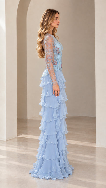 Side profile of Sky Blue tiered ruffle formal evening gown with sheer lace sleeves