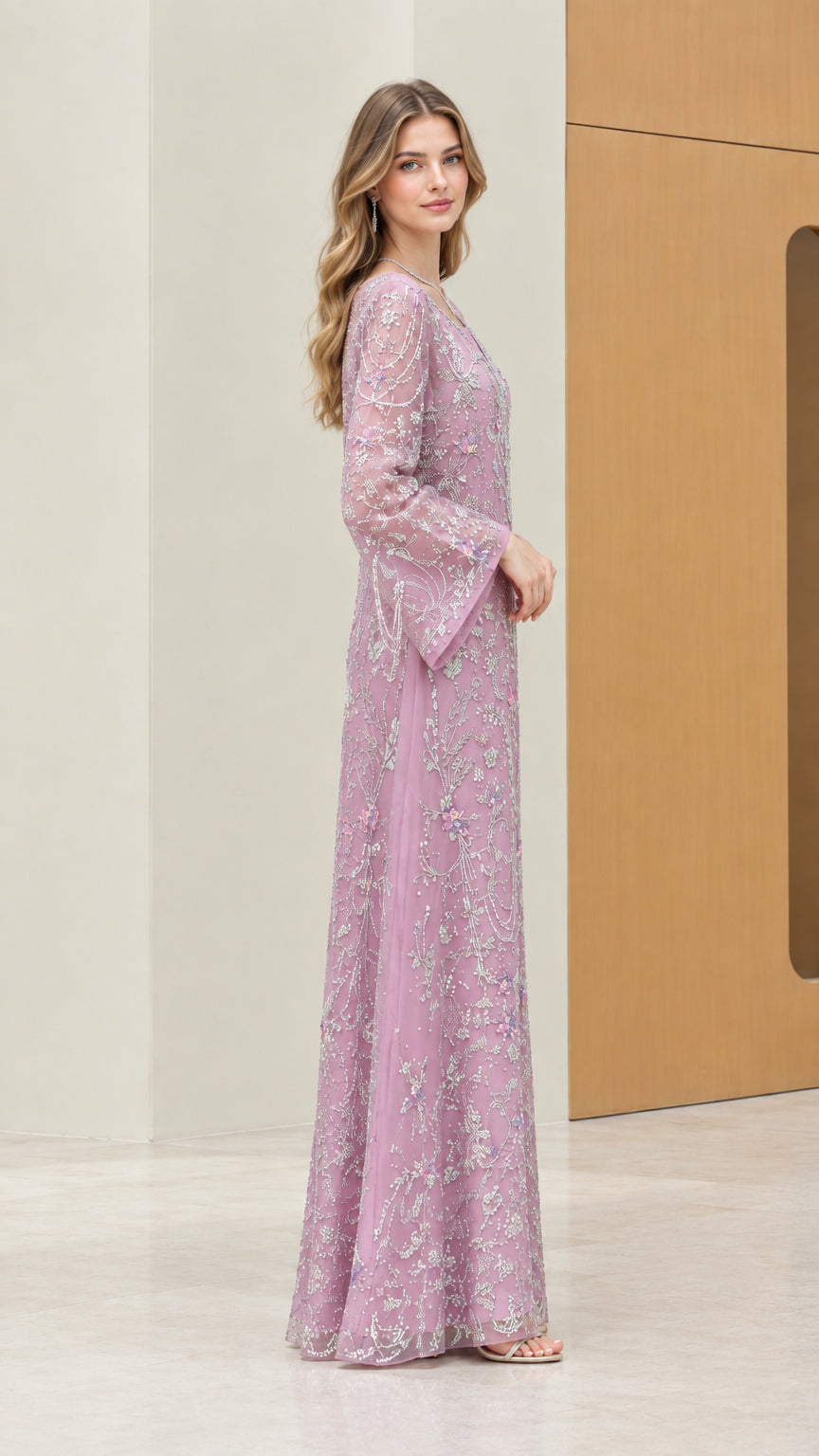Side profile view of Lilac floor-length formal evening gown with delicate beadwork