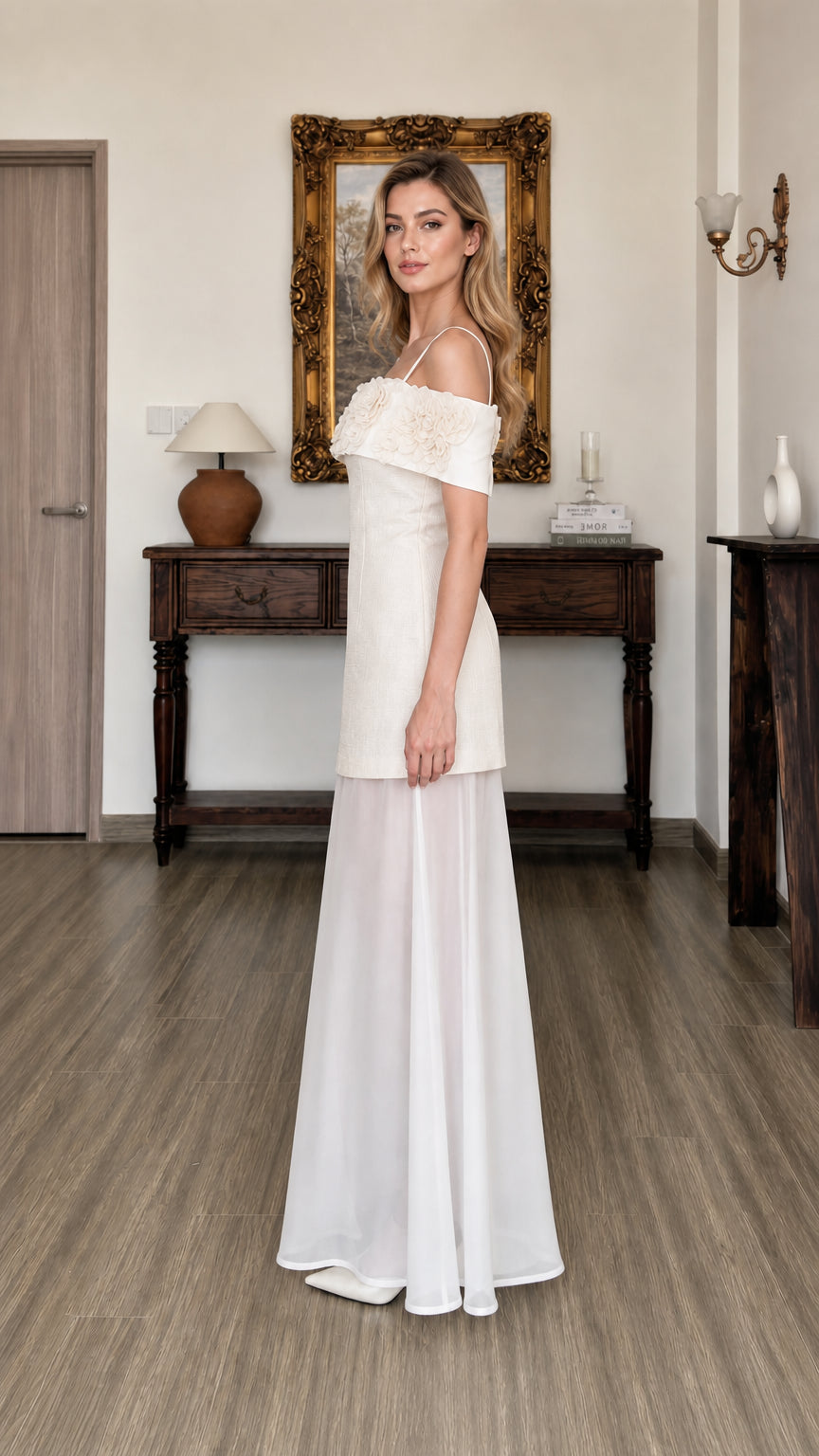 Side profile of model in white floral maxi dress