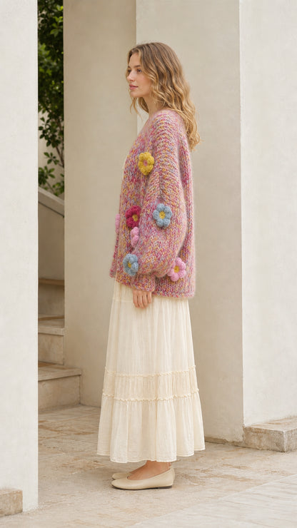 Model wearing pink floral cardigan from the side profile