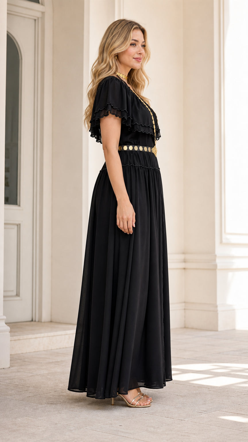 Side profile of model wearing black flutter sleeve chiffon maxi dress