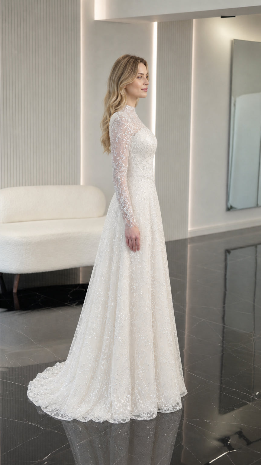 Ivory long sleeve embroidered evening gown side profile view