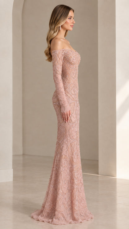 Side profile of woman wearing dusty rose beaded long sleeve formal gown
