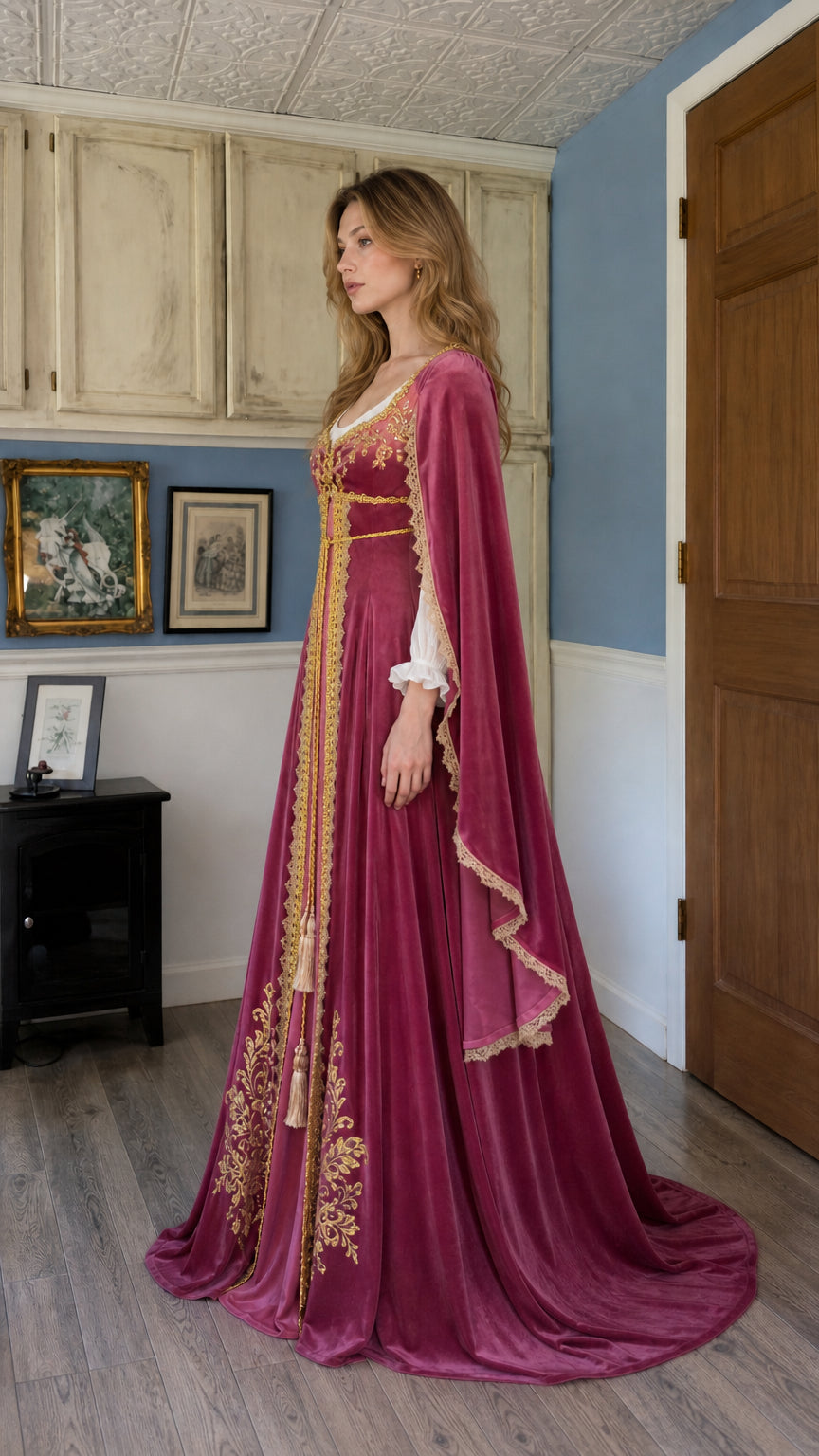 Side profile view of burgundy medieval gown showing flowing train