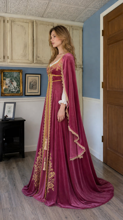 Side profile view of burgundy medieval gown showing flowing train