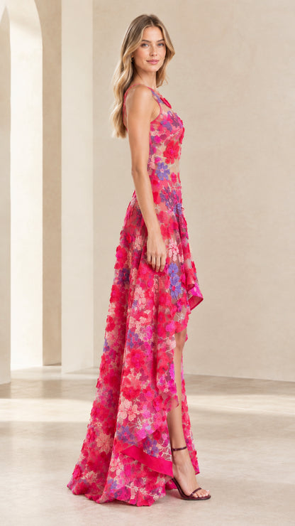 Side view of sleeveless Hot Pink floral lace high-low dress