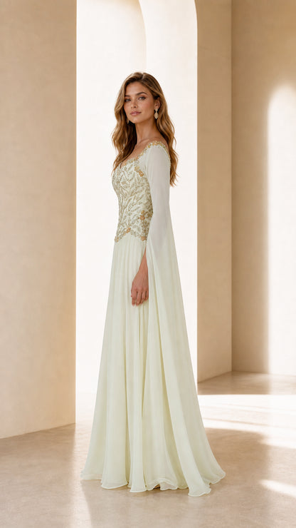 Side profile view of ivory evening gown with cape sleeves