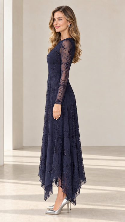 Side profile of navy blue long sleeve sequin formal dress with asymmetrical handkerchief hem