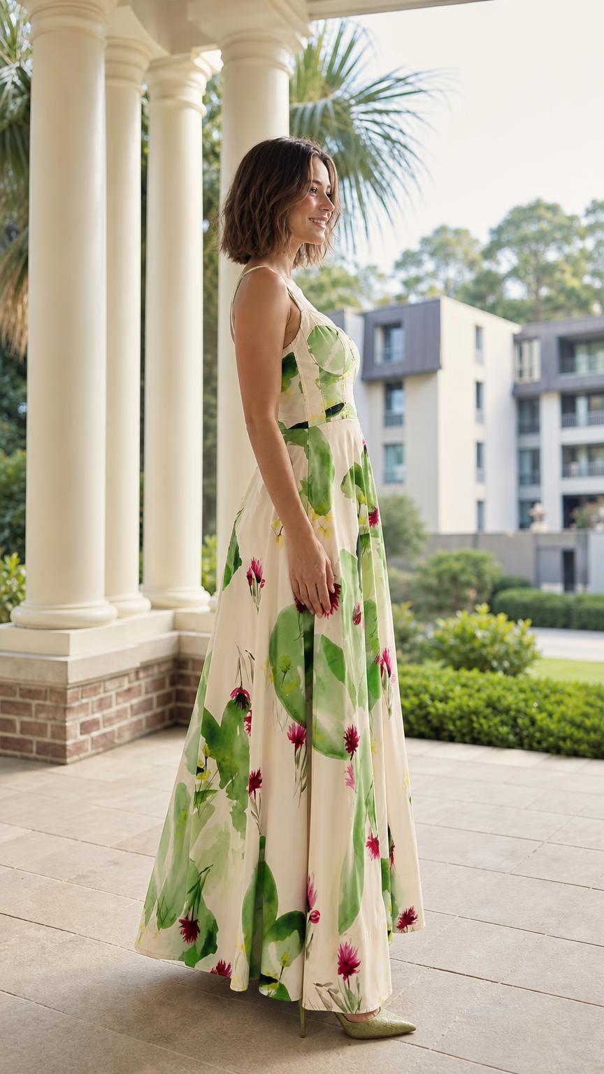 Side profile view of ivory floral botanical print maxi dress