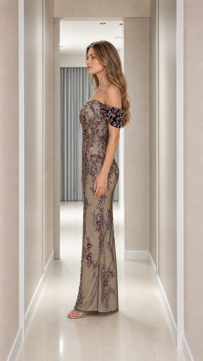 Side profile view of champagne off-the-shoulder embroidered evening dress