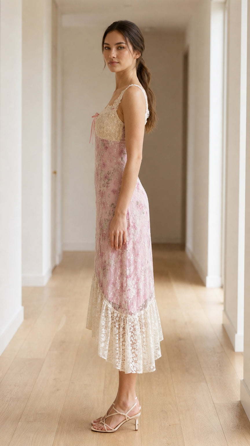 Side profile of model wearing pink floral lace midi dress