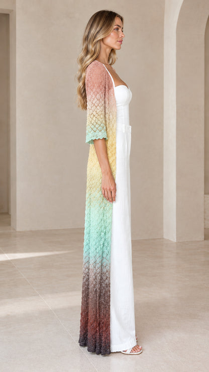 Side profile of woman showcasing length and drape of Pastel Multi crochet duster cardigan