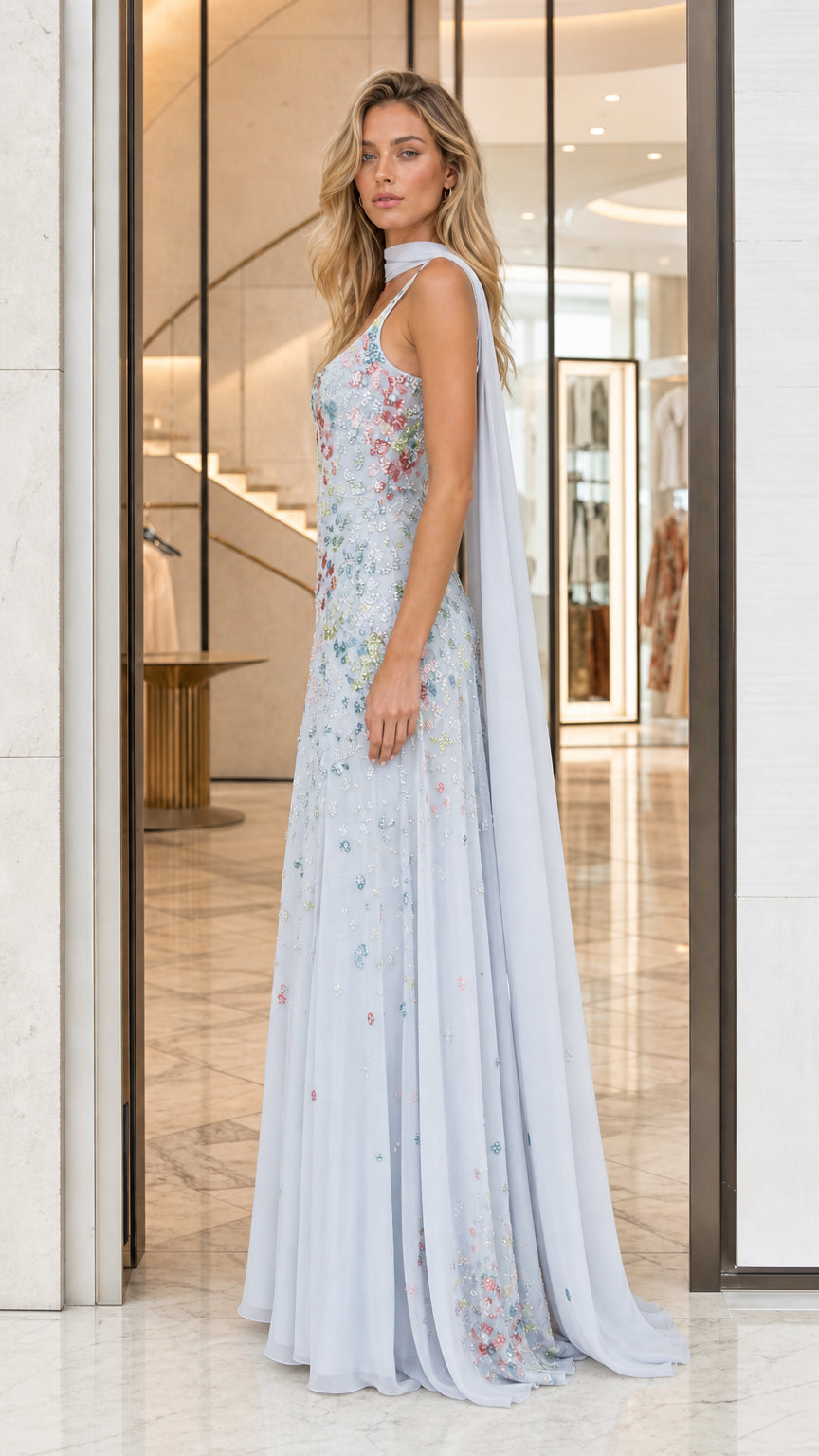 Light Blue Embellished Floral Applique Sleeveless Maxi Dress Side View
