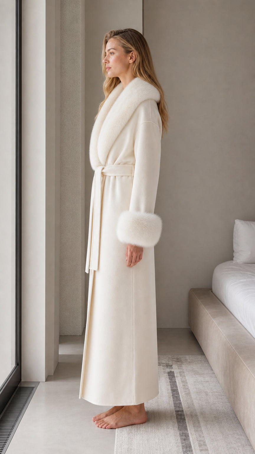 Side profile of woman in full-length ivory belted robe with fur cuffs