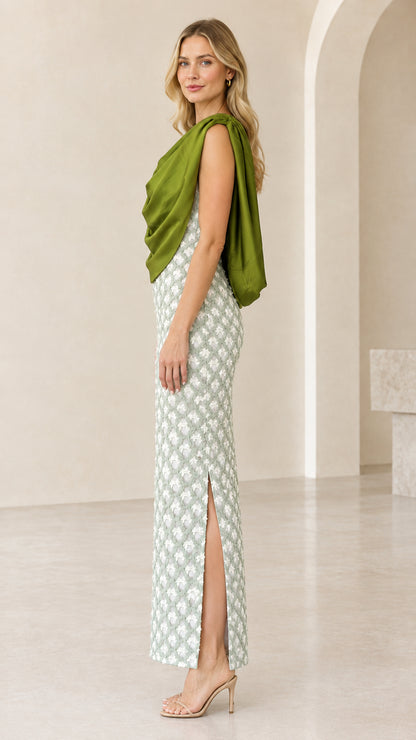 Side view of Olive Green column maxi dress featuring side leg slit