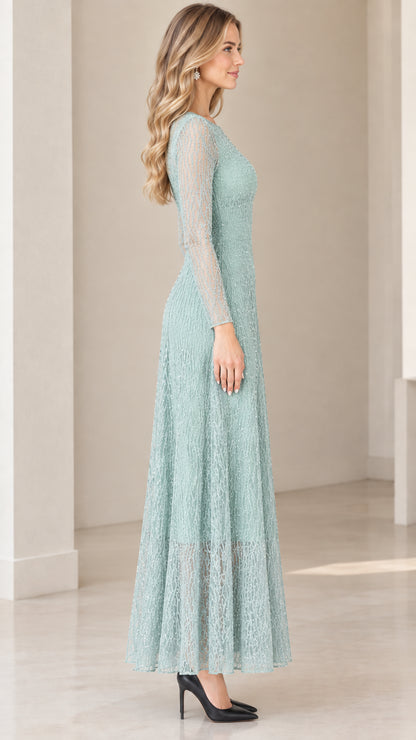 Side profile view of Sage Green lace maxi formal dress