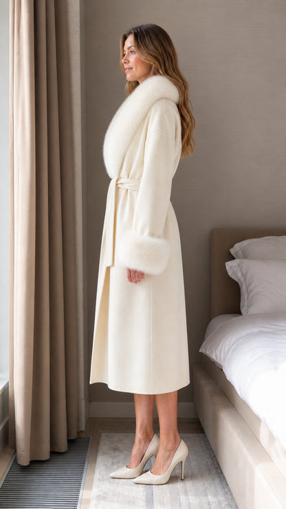 Side profile view of Cream belted wrap coat showing longline silhouette