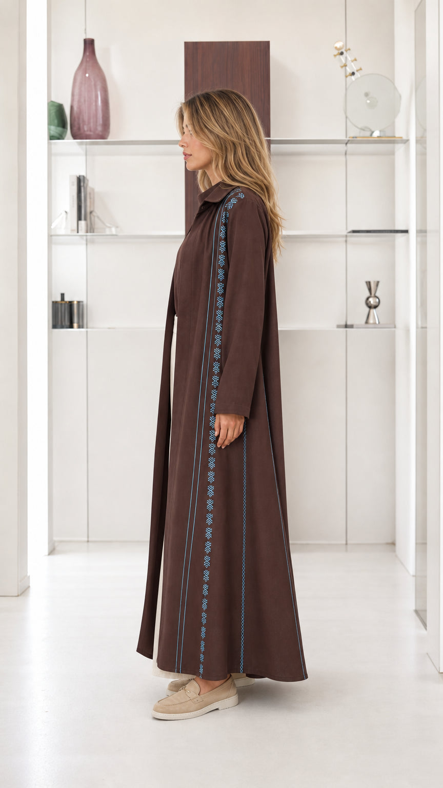 Side profile view of Chocolate Brown longline abaya coat showing sleeve and silhouette