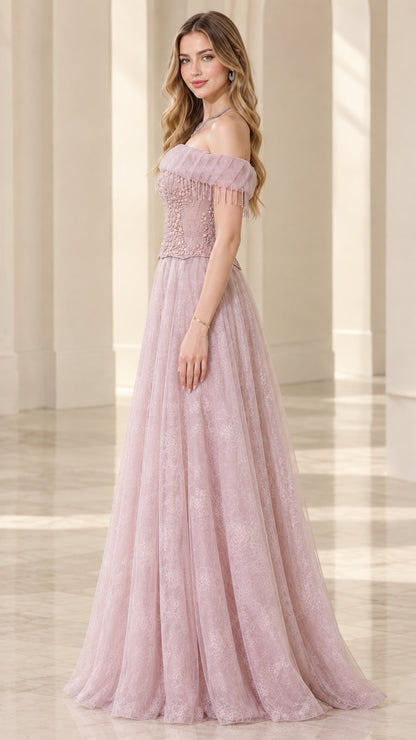 Dusty rose A-line beaded formal gown side angle view