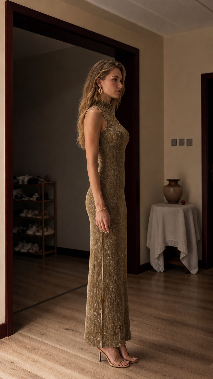 Side profile view of model in gold metallic dress
