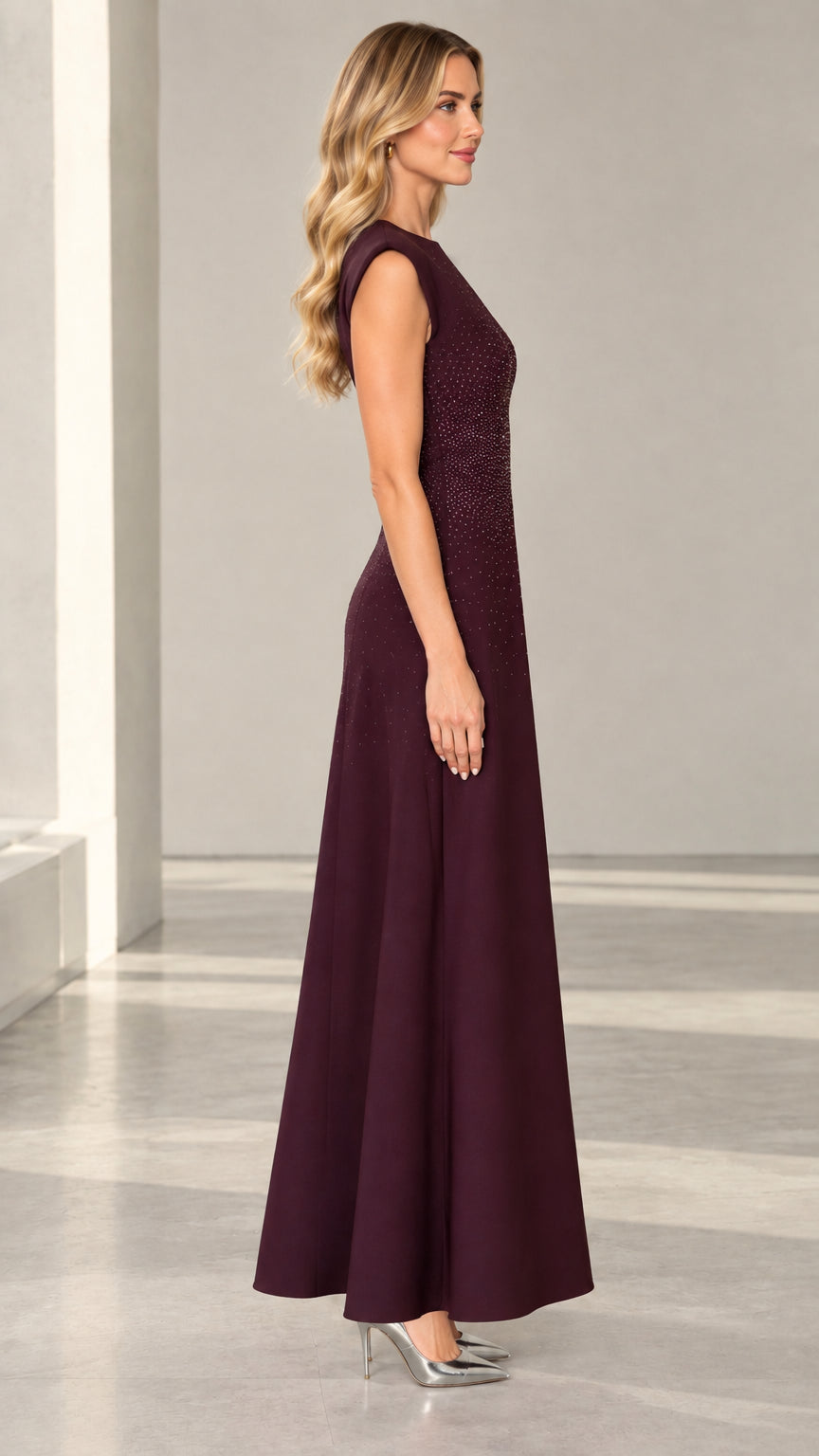Burgundy formal maxi dress side profile view showing elegant silhouette