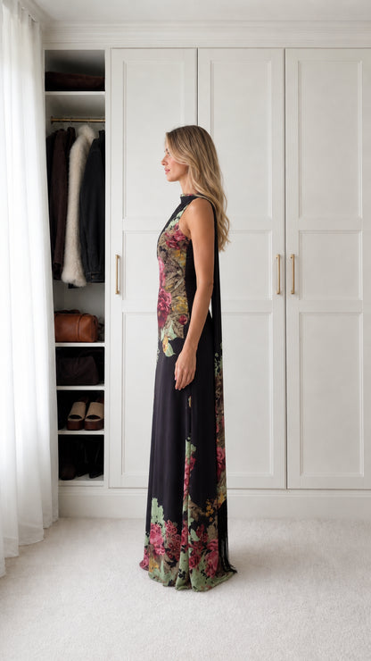 Black floral halter maxi dress side view showing silhouette