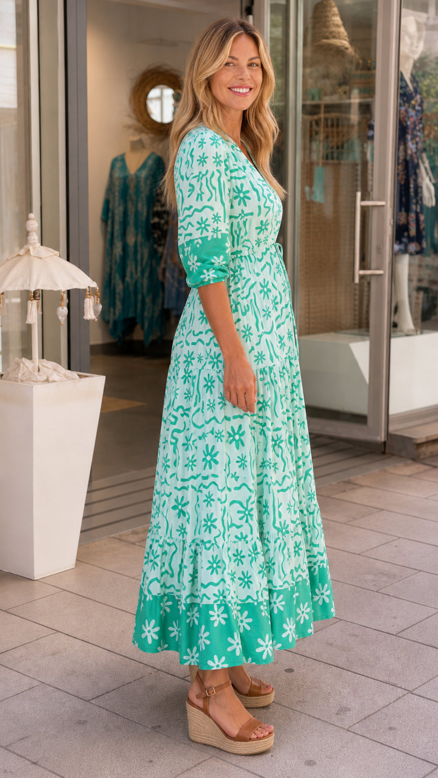 Side profile of mint green maxi dress