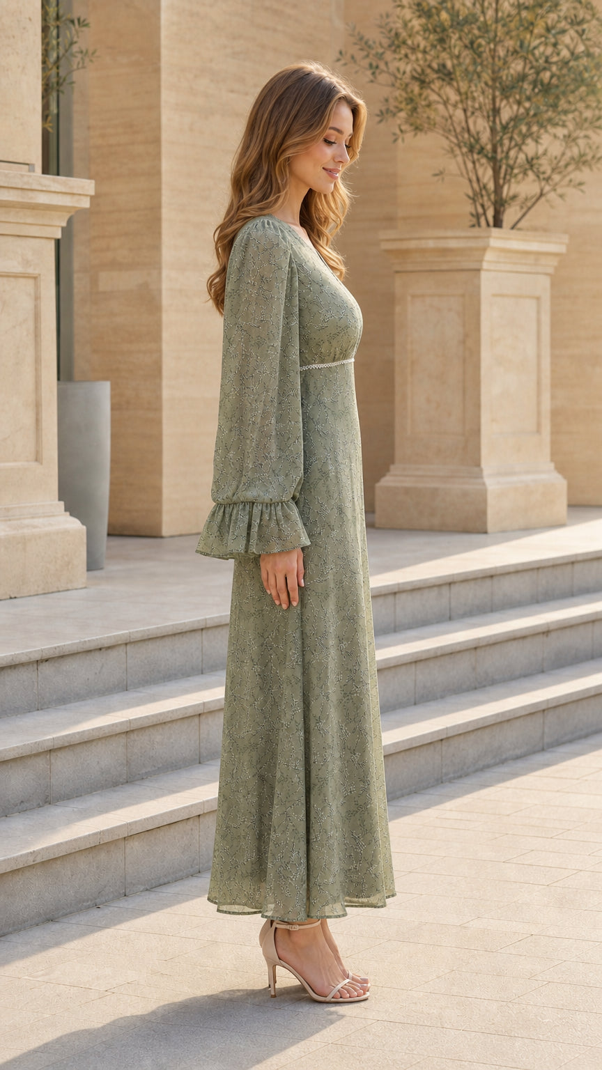 Sage green floral V-neck maxi dress side profile view