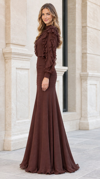 Side profile of Chocolate Brown long sleeve evening dress with ruched drop waist