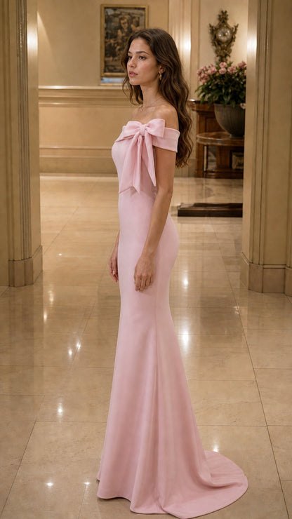 Side profile view of light pink evening gown