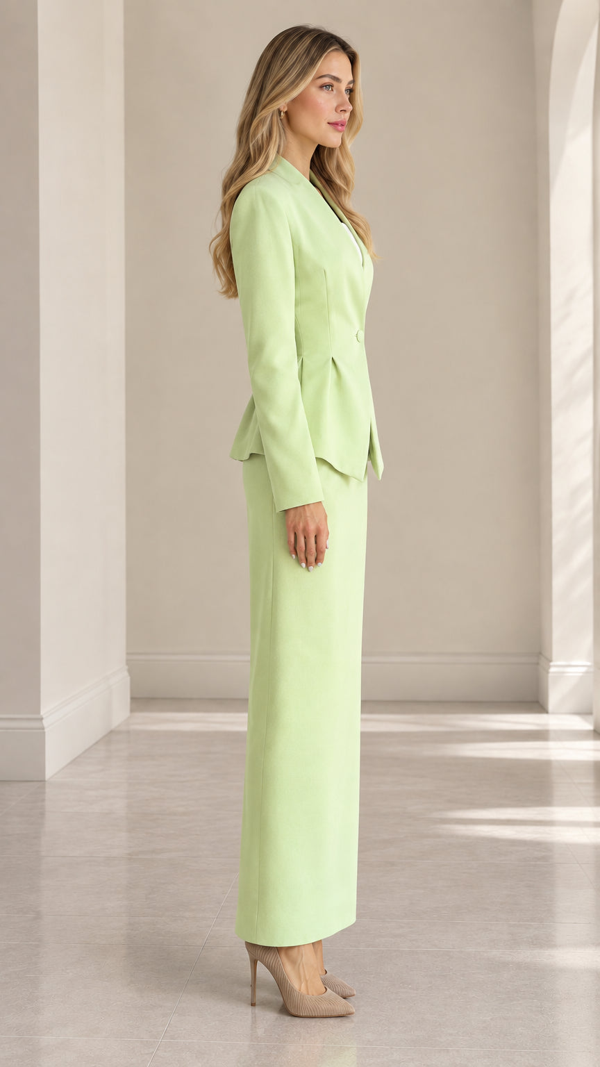 Side profile of model in mint green tailored peplum skirt suit