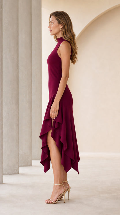 Side profile of model wearing burgundy ruffle dress