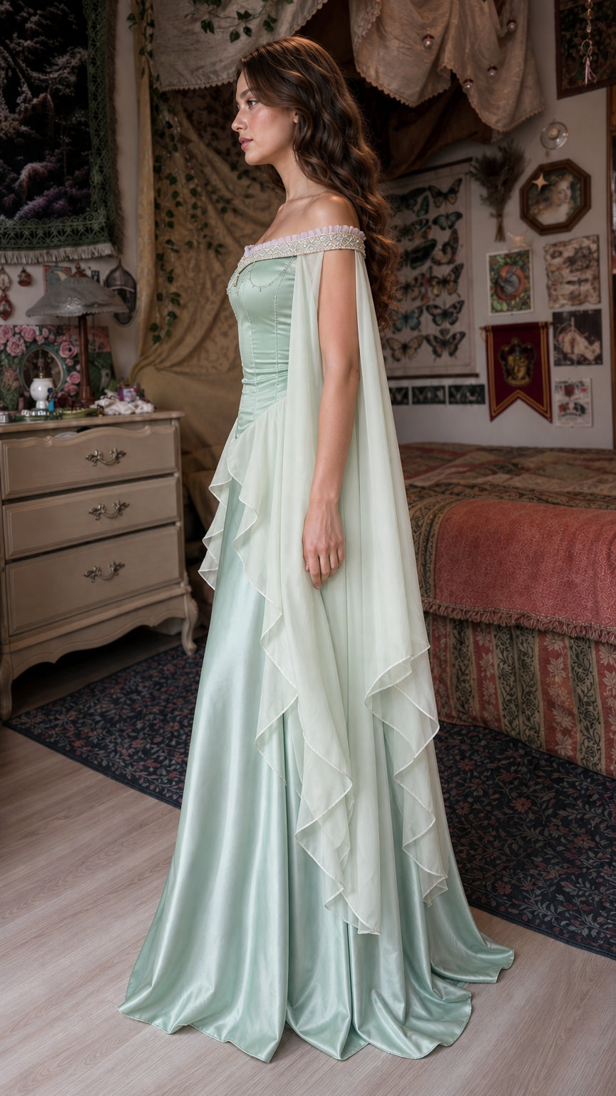 Side profile view of sage green maxi dress with flowing cape sleeves
