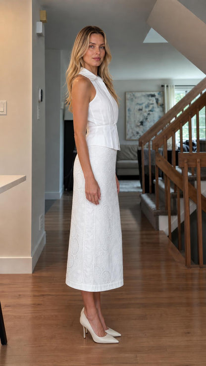 Side profile view of woman in white matching set