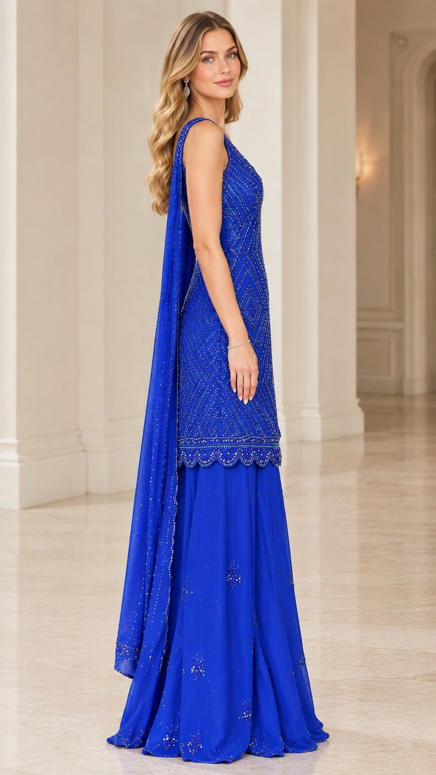 Side profile of model in Royal Blue beaded sharara suit set