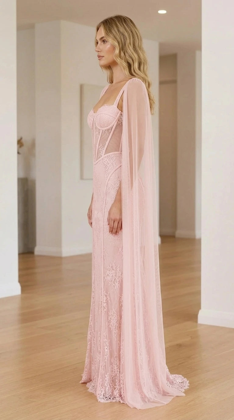 Side profile of the pink lace evening gown