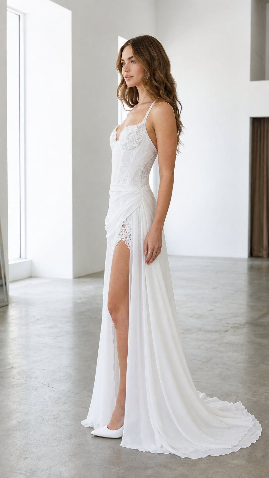 Side angle of white lace bustier maxi gown with draped waist and sweeping hem