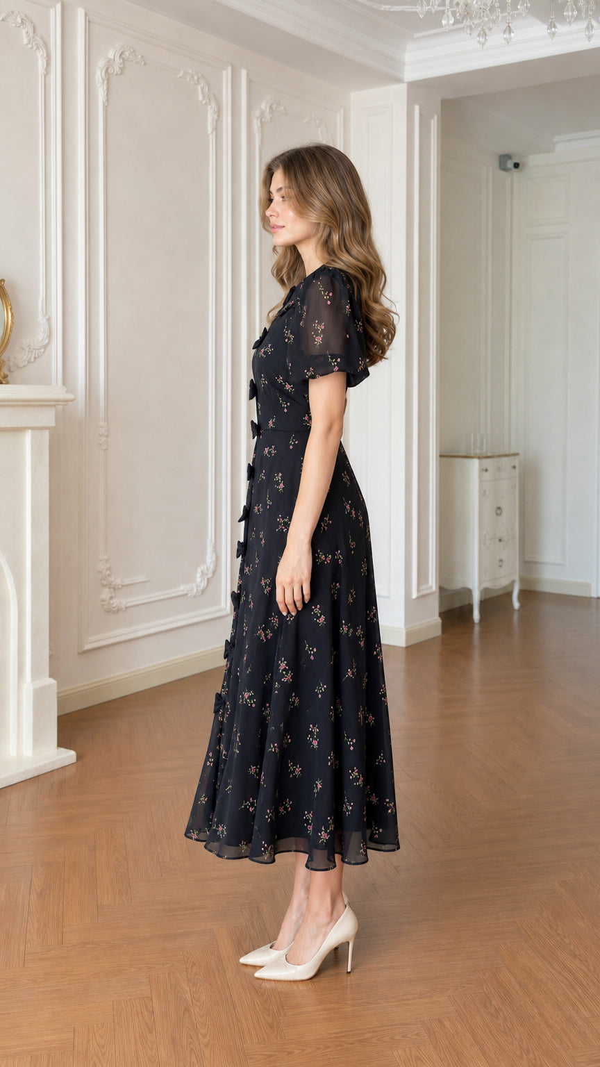 Side profile view of black floral midi dress showing flowy silhouette