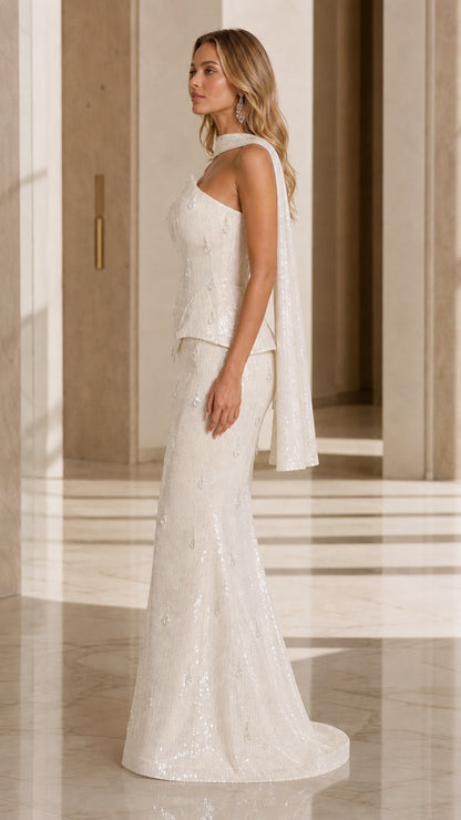 Ivory formal strapless peplum maxi dress side profile view