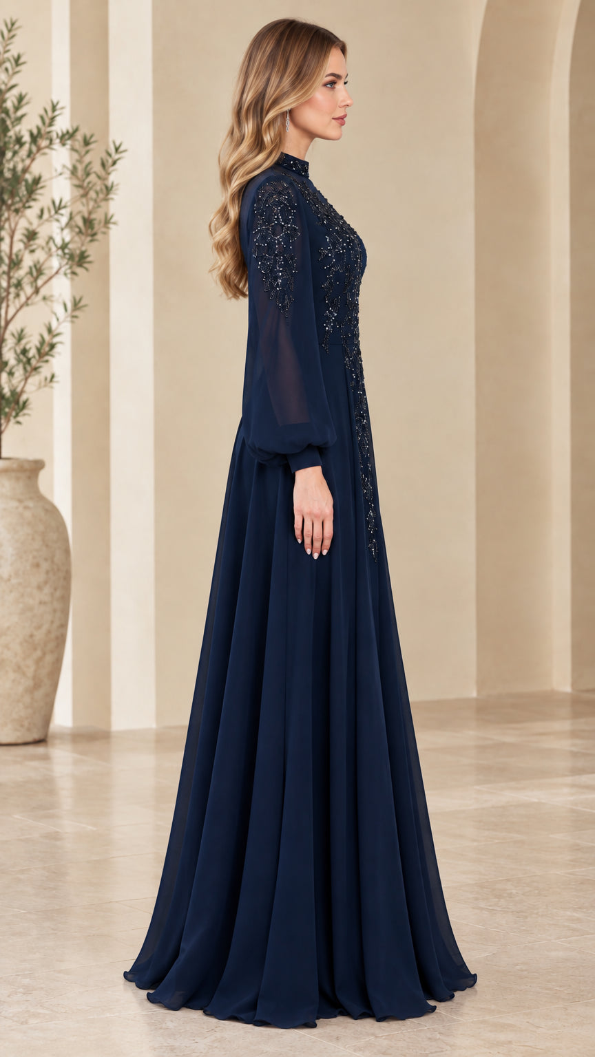 Side profile of navy blue bishop sleeve formal chiffon gown
