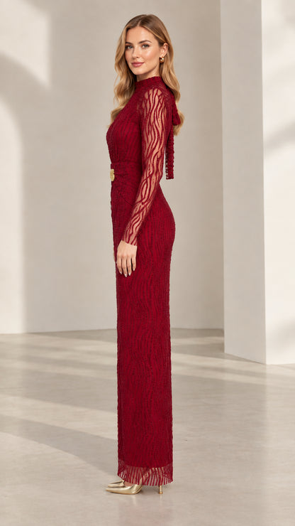 Burgundy long sleeve formal maxi dress side view