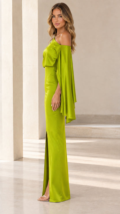 Side view of lime green one-shoulder satin capelet formal evening gown