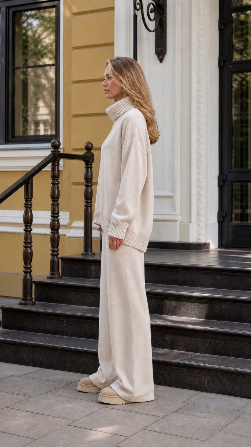 Side profile of model wearing beige knit lounge set