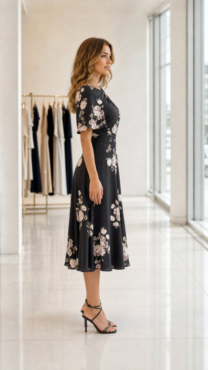 Side view of model in black floral A-line midi dress with flutter sleeves