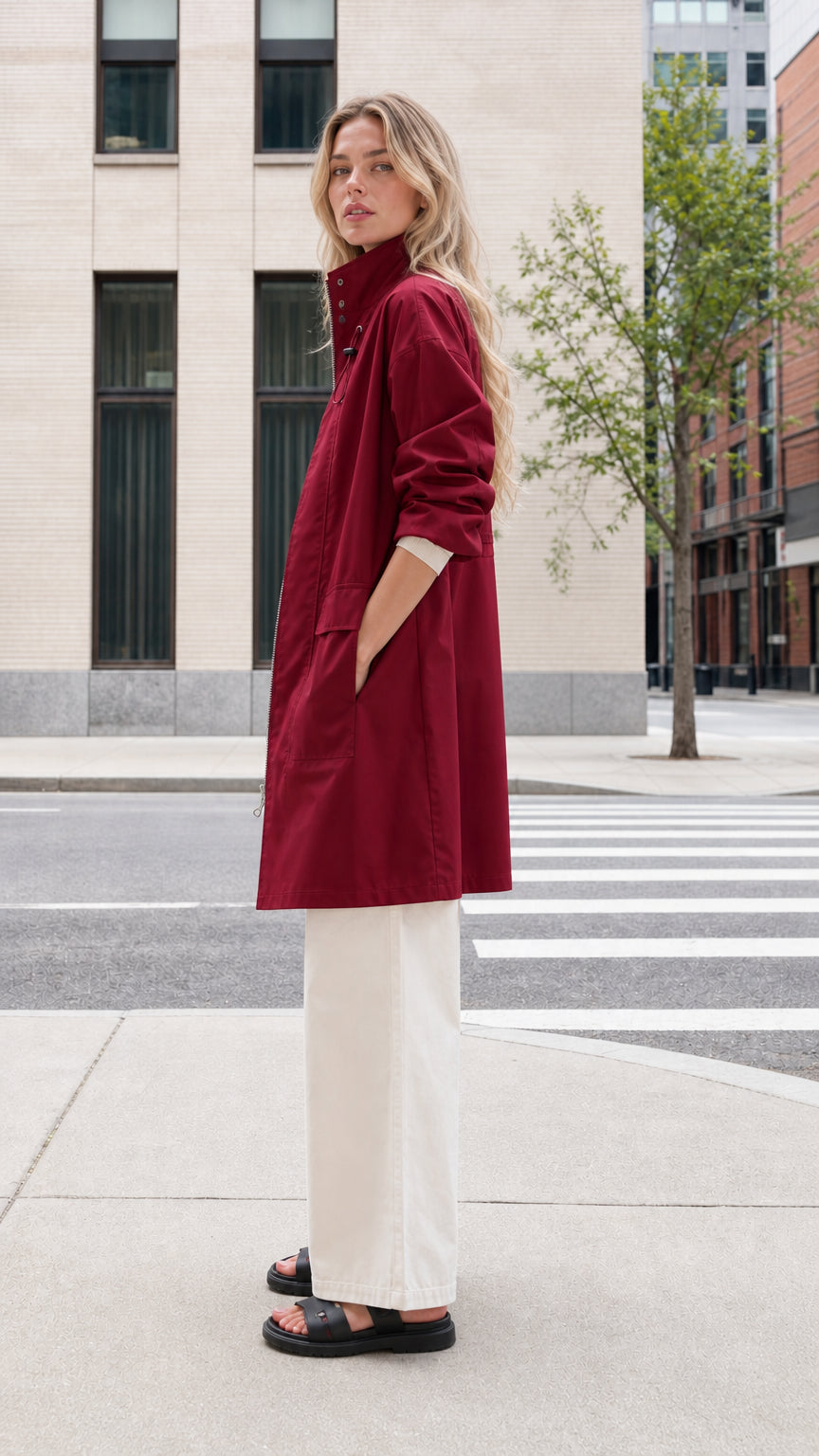 Side profile of woman wearing burgundy mid-length light coat