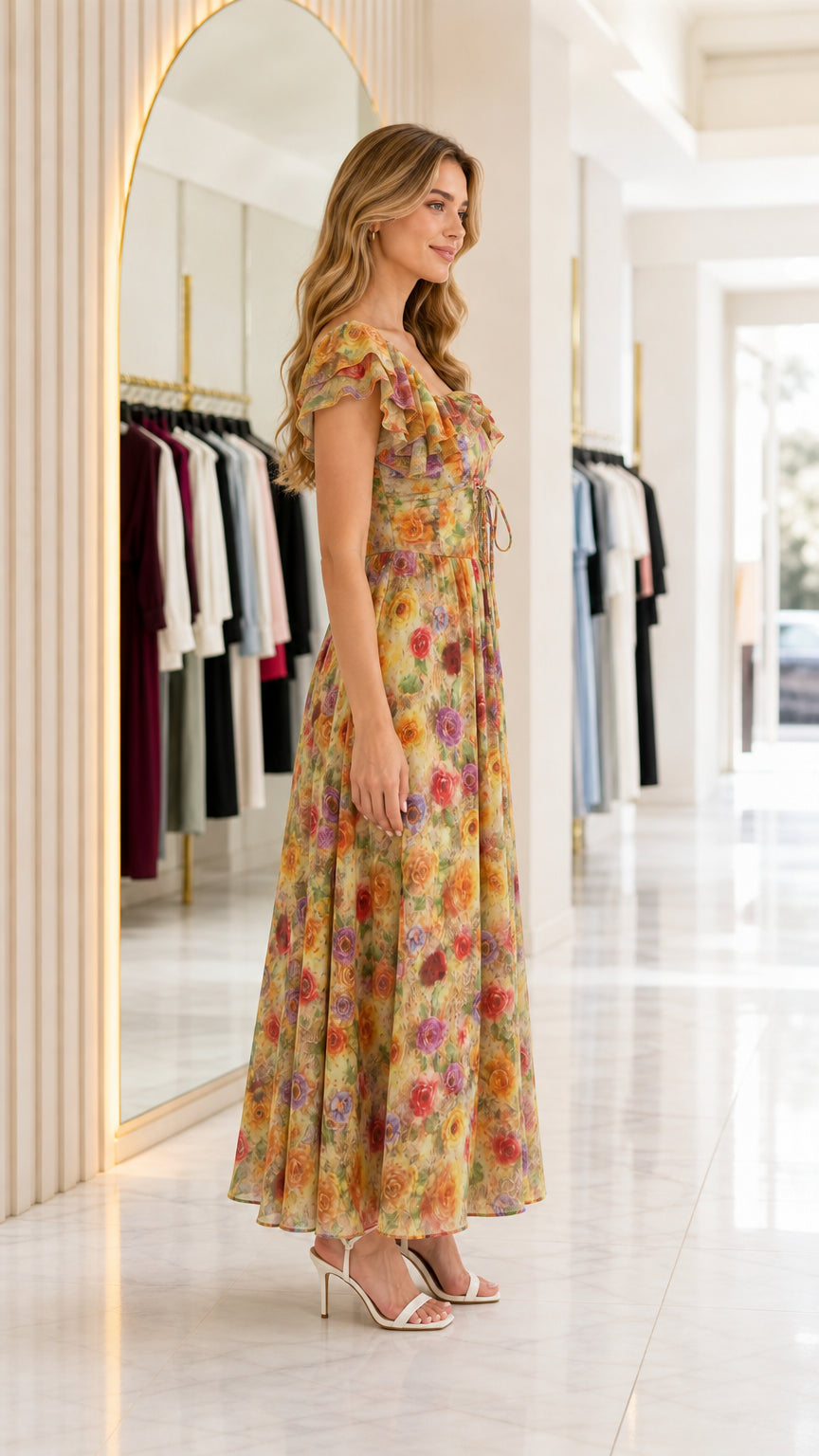 Side angle view of Yellow Floral maxi dress showing flowing skirt and sleeves
